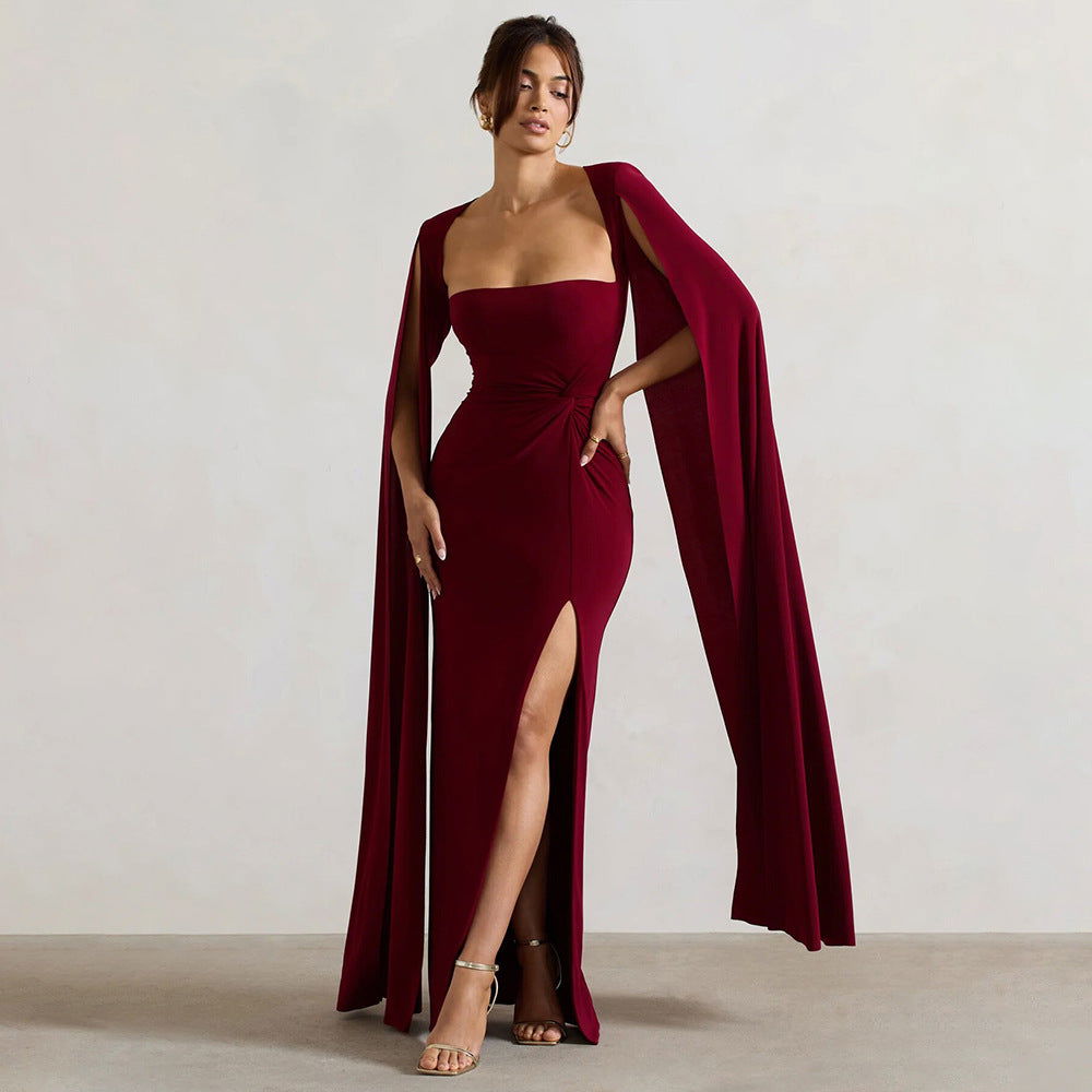 Dress Square Collar Mop Long Sleeve High Slit Solid Color Dress