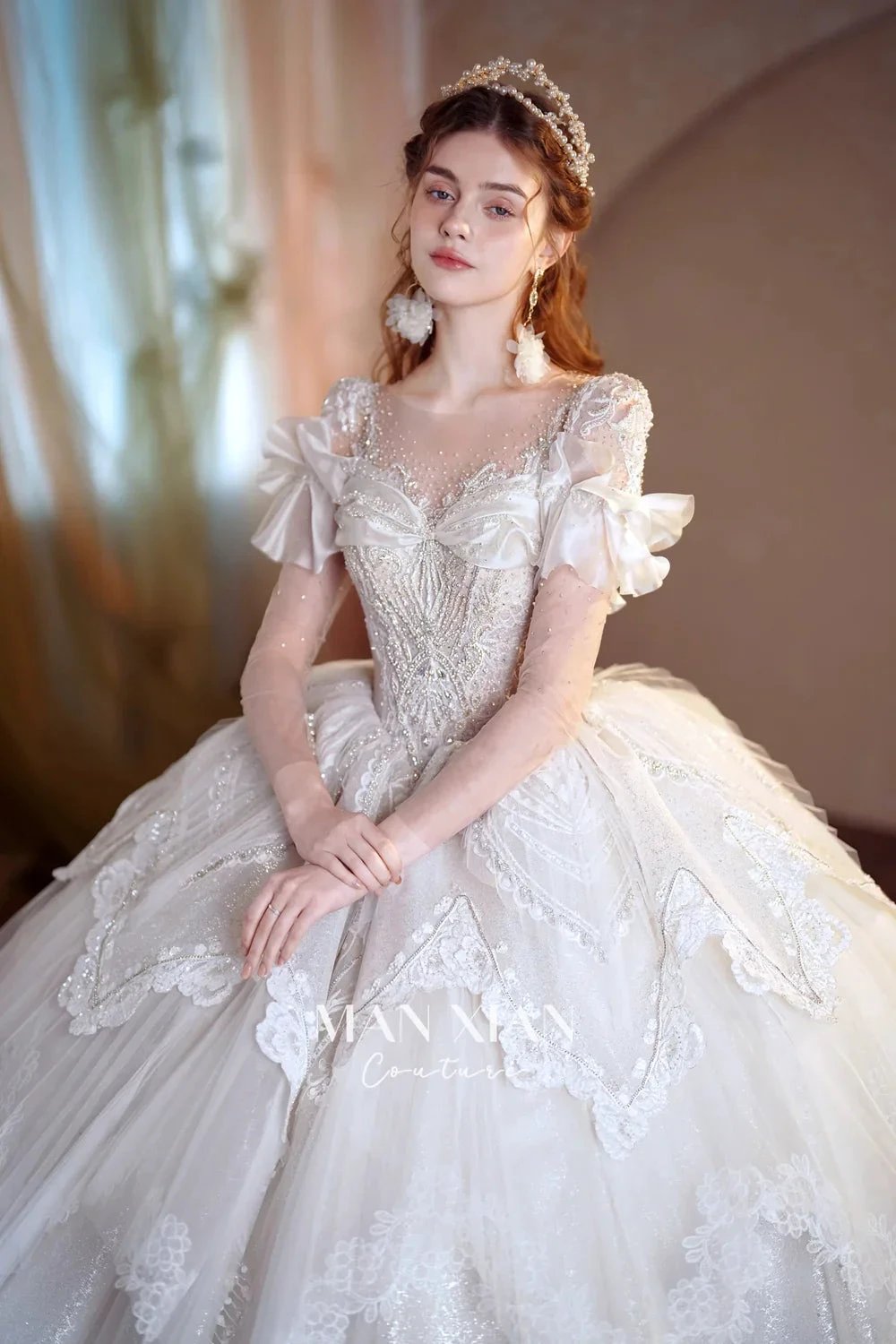 Luminous Ivory Sweetheart Glitter Tulle Ball Gown with Ruffled Sleeves, Pearl Embroidery & Lace Train (ZD16939)