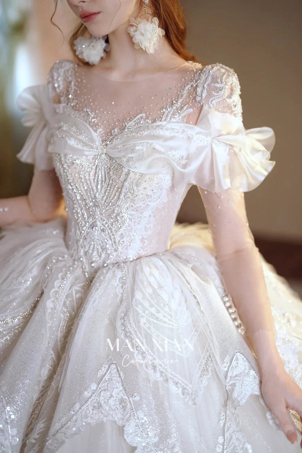 Luminous Ivory Sweetheart Glitter Tulle Ball Gown with Ruffled Sleeves, Pearl Embroidery & Lace Train (ZD16939)