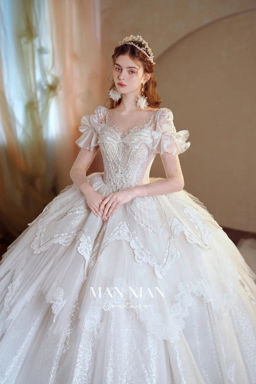 Luminous Ivory Sweetheart Glitter Tulle Ball Gown with Ruffled Sleeves, Pearl Embroidery & Lace Train (ZD16939) - VelvetHem