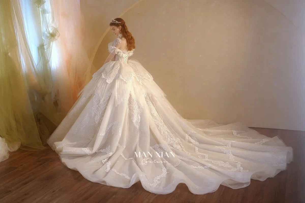 Luminous Ivory Sweetheart Glitter Tulle Ball Gown with Ruffled Sleeves, Pearl Embroidery & Lace Train (ZD16939)