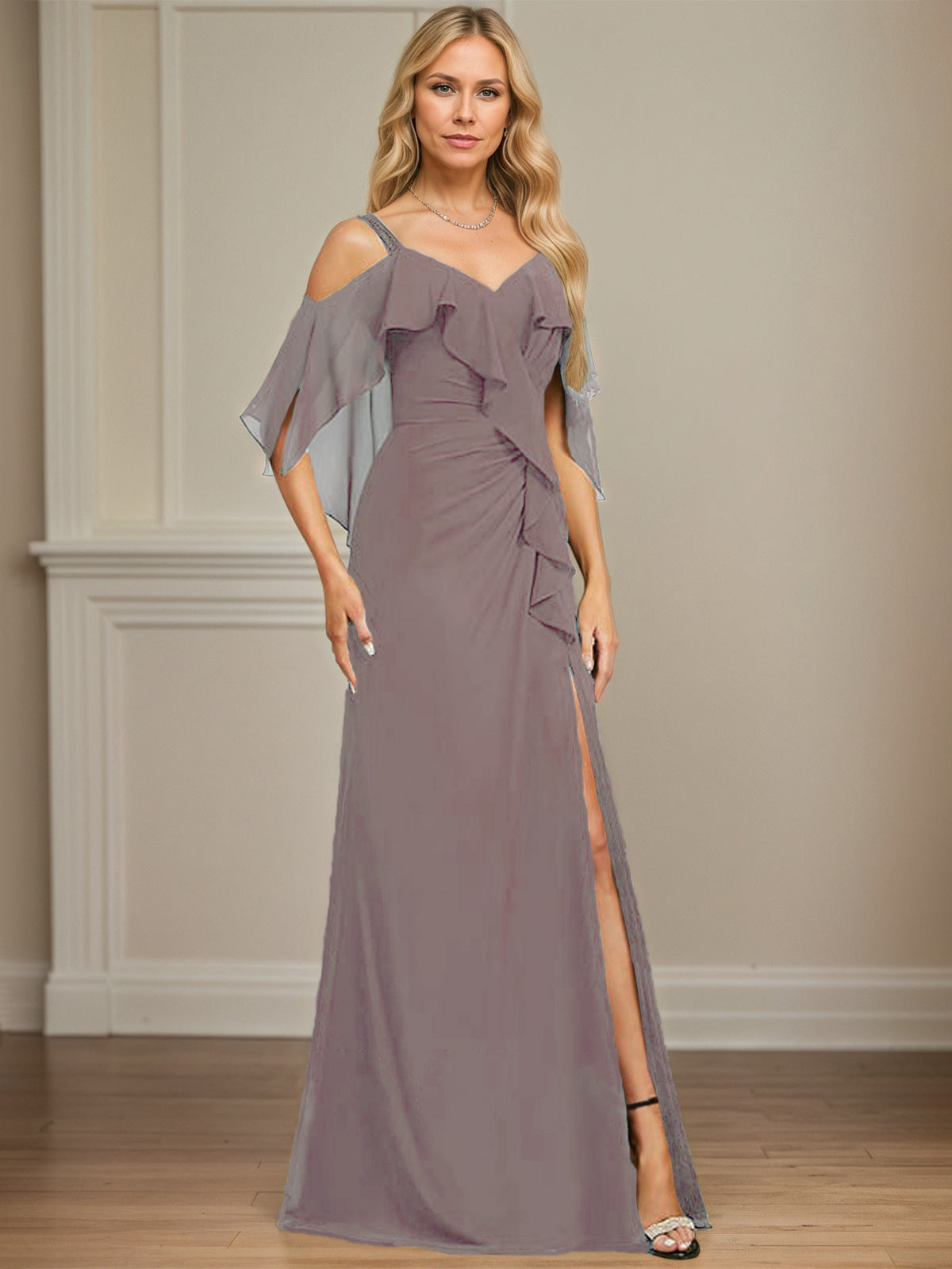 Sheath/Column Cold Shoulder V-Neck Floor-Length Chiffon Dress With Cascading Ruffles Sequins Beading