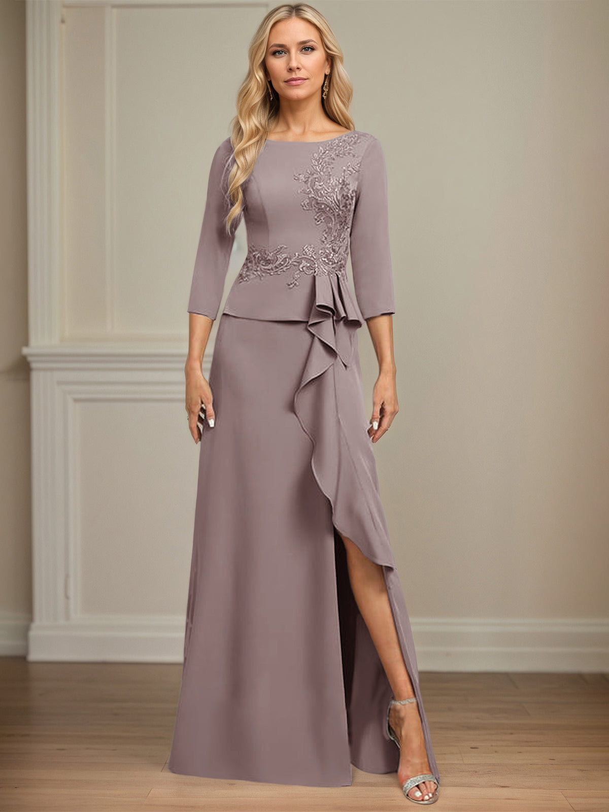 Sheath/Column Scoop Floor-Length Stretch Crepe Dress With Cascading Ruffles Appliques
