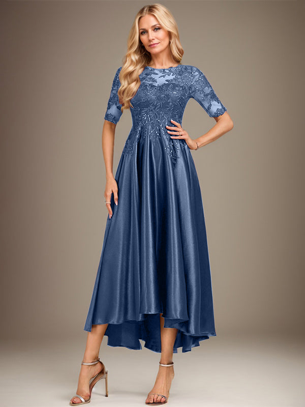 A-line Scoop Illusion Asymmetrical Stretch Satin Lace Mother of the Bride Dress With Sequins