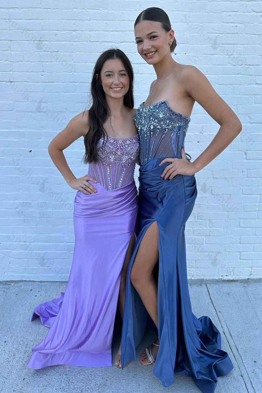 Dusty Blue Prom Dress Strapless Corset Long Formal Dress With Slit