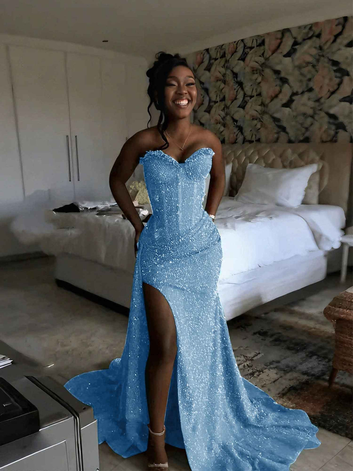 Glitter Strapless Mermaid Sequined Long Prom Dress with Slit (ZD17399)