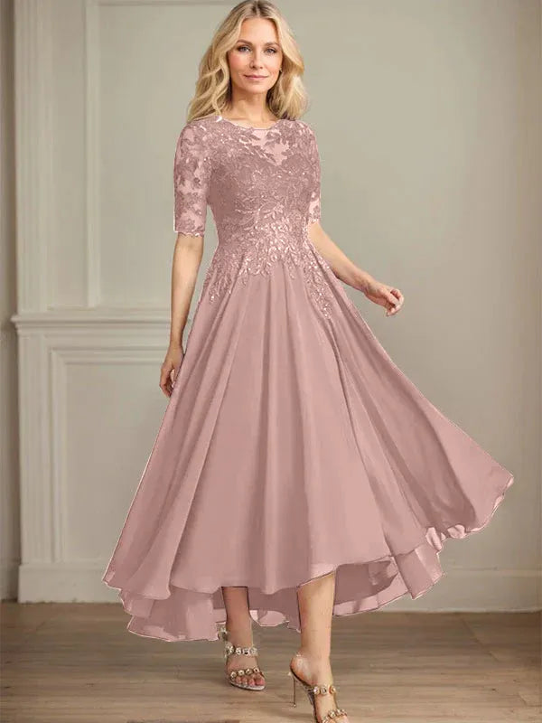 A-line Scoop Illusion Asymmetrical Chiffon Lace Mother of the Bride Dress With Sequins