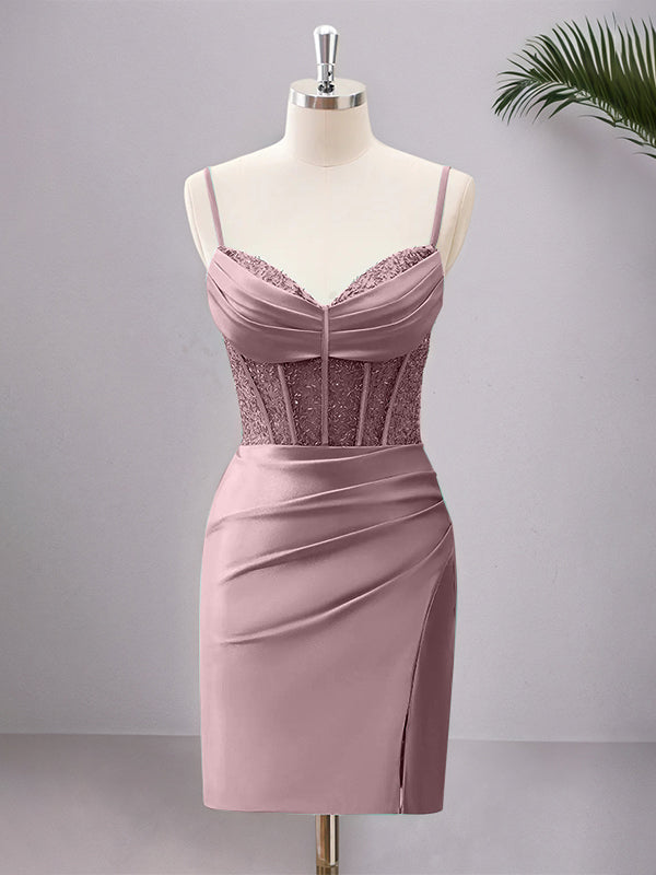 Spaghetti Straps Bodycon Corset Satin Homecoming Dress with Slit