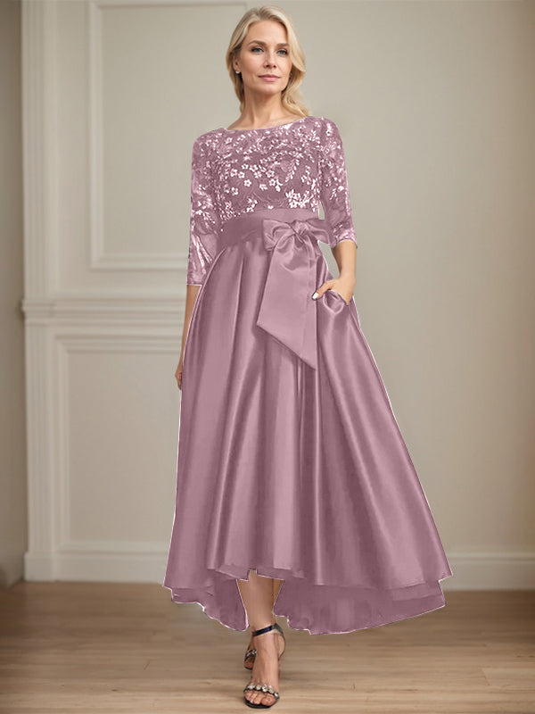 A-line Scoop Illusion Asymmetrical Satin Lace Mother of the Bride Dress With Bow