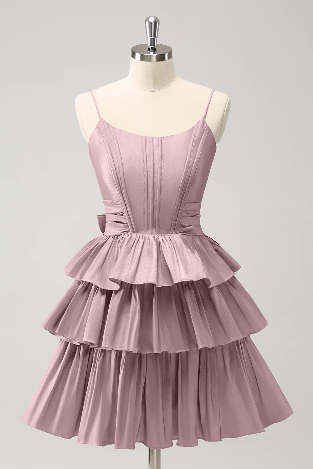 A Line Spaghetti Straps Corset Tiered Ruffle Homecoming Dress with Bow