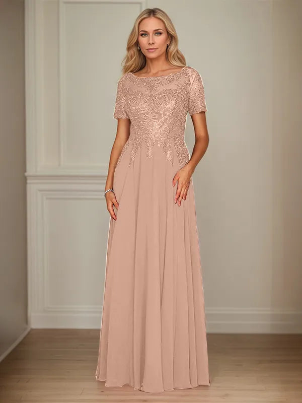 A-Line Chiffon Boat Neck Short Sleeves Floor-Length Mother of the Bride Dresses - View 13 | FashionDia