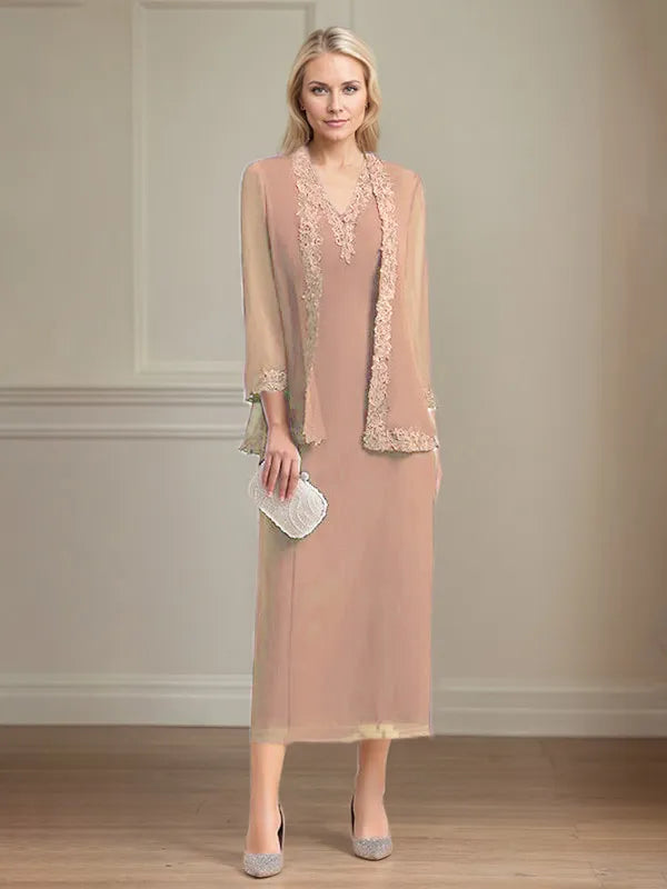 Sheath/Column Chiffon V Neck 3/4 Sleeves Tea Length Mother Of The Bride Dress