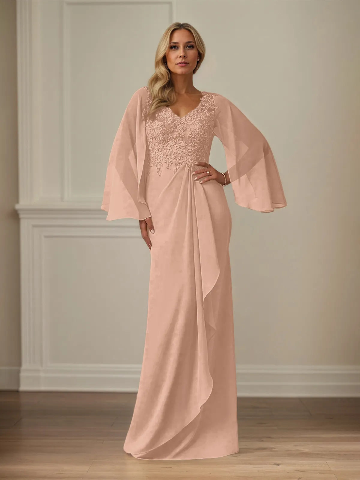 Sheath/Column Chiffon V Neck Long Sleeves Floor Length Mother of the Bride Dresses With Appliques