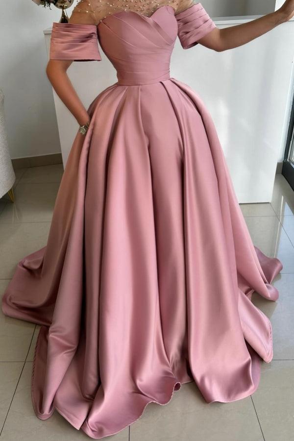 Dusty Rose A Line Satin Rhinestones Formal Dress With Short Sleeves