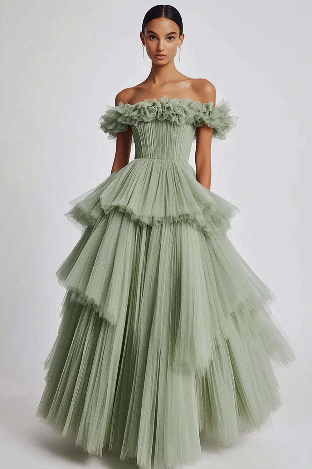 Dusty Sage Prom Dress Tulle Off The Shoulder Ball Gown Formal Dress With Ruffles