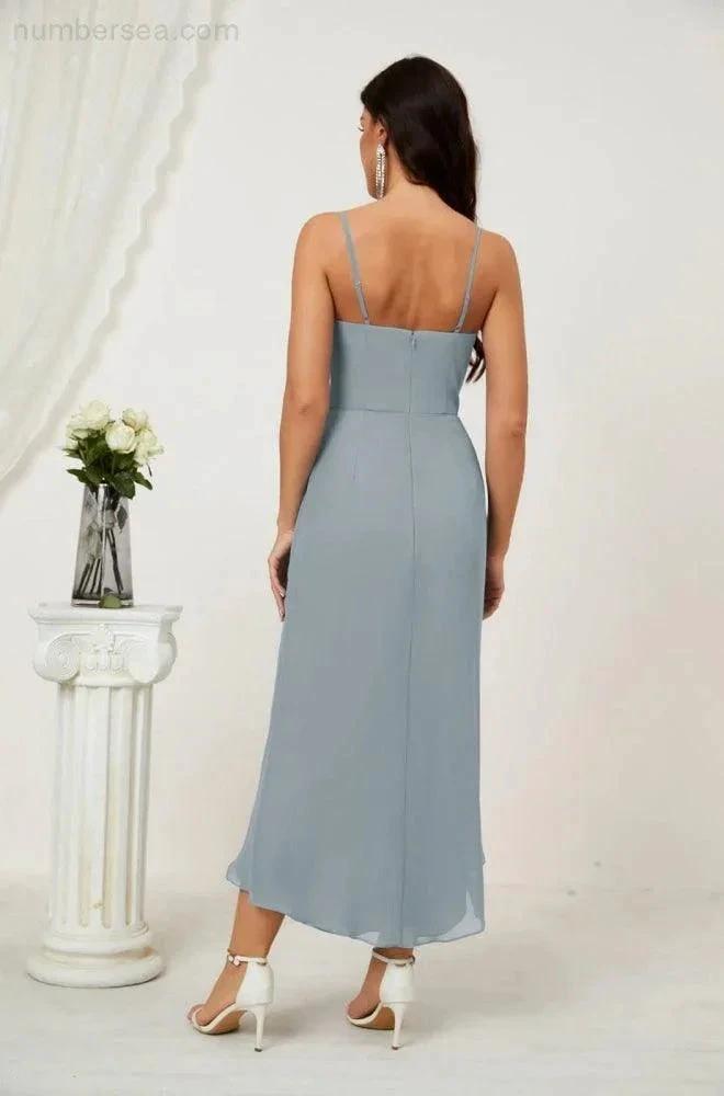ZapDress Spaghetti Chiffon V Neck Bridesmaid Dress Mid-Length Slit Formal Prom Dress Homecoming Dress 2803 (ZD16952)