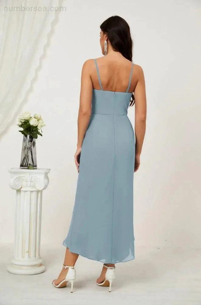 ZapDress Spaghetti Chiffon V Neck Bridesmaid Dress Mid-Length Slit Formal Prom Dress Homecoming Dress 2803 (ZD16952)
