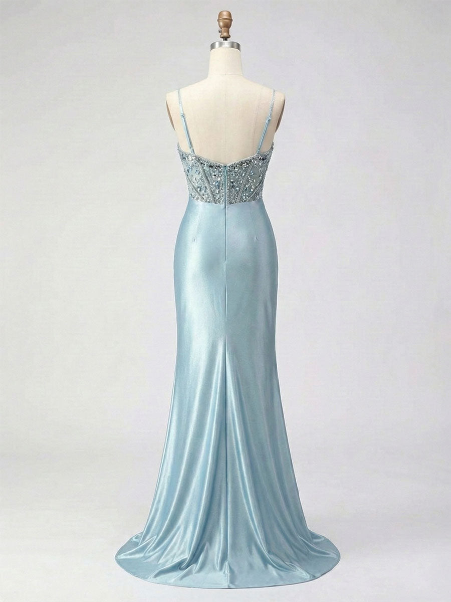 Dusty Blue Beaded Corset Satin Long Prom Dress
