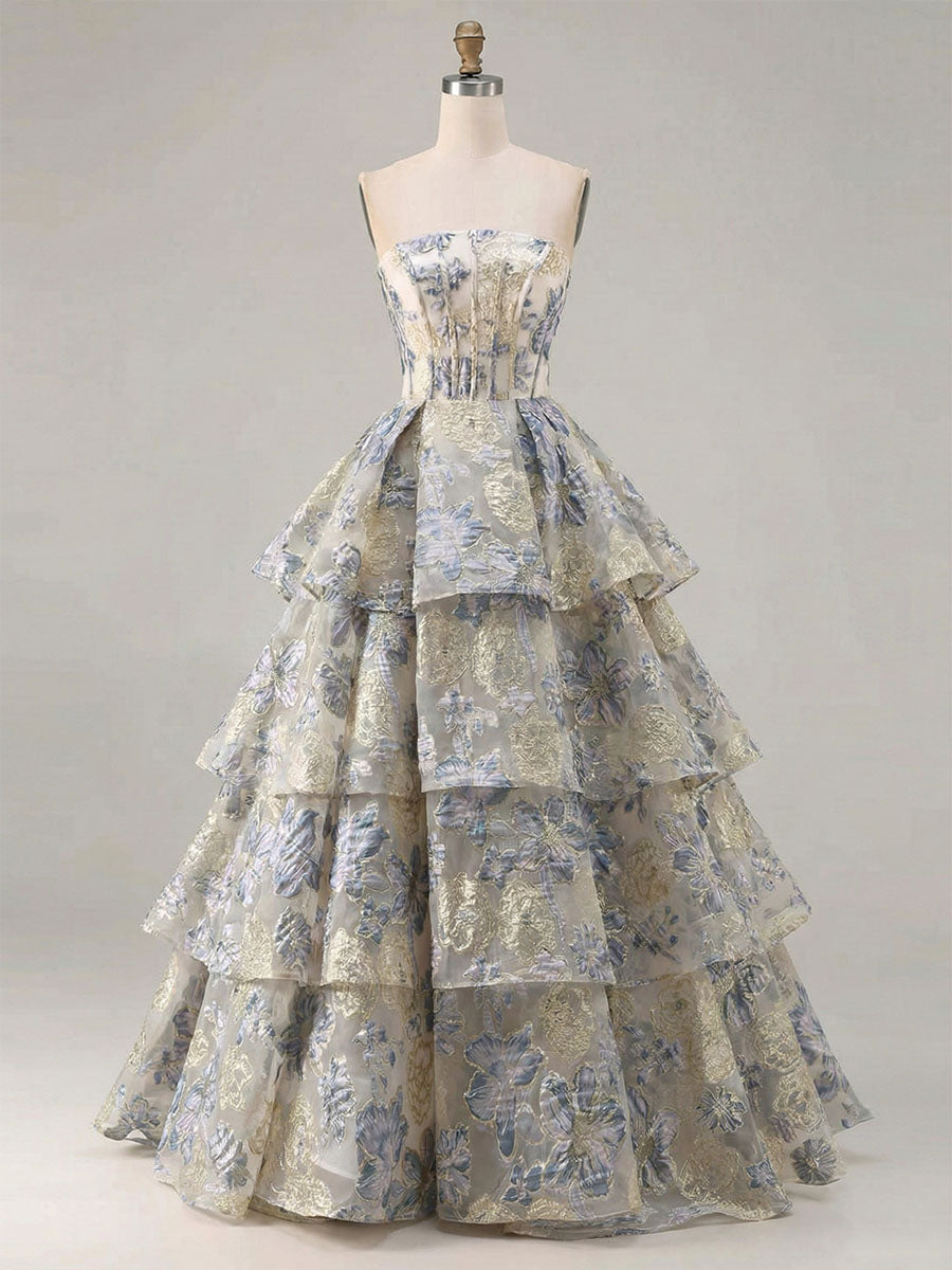 Dusty Blue Floral Brocade Strapless Tiered Long Prom Dress - FashionDia
