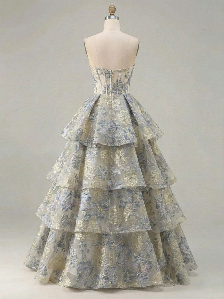 Dusty Blue Floral Brocade Strapless Tiered Long Prom Dress