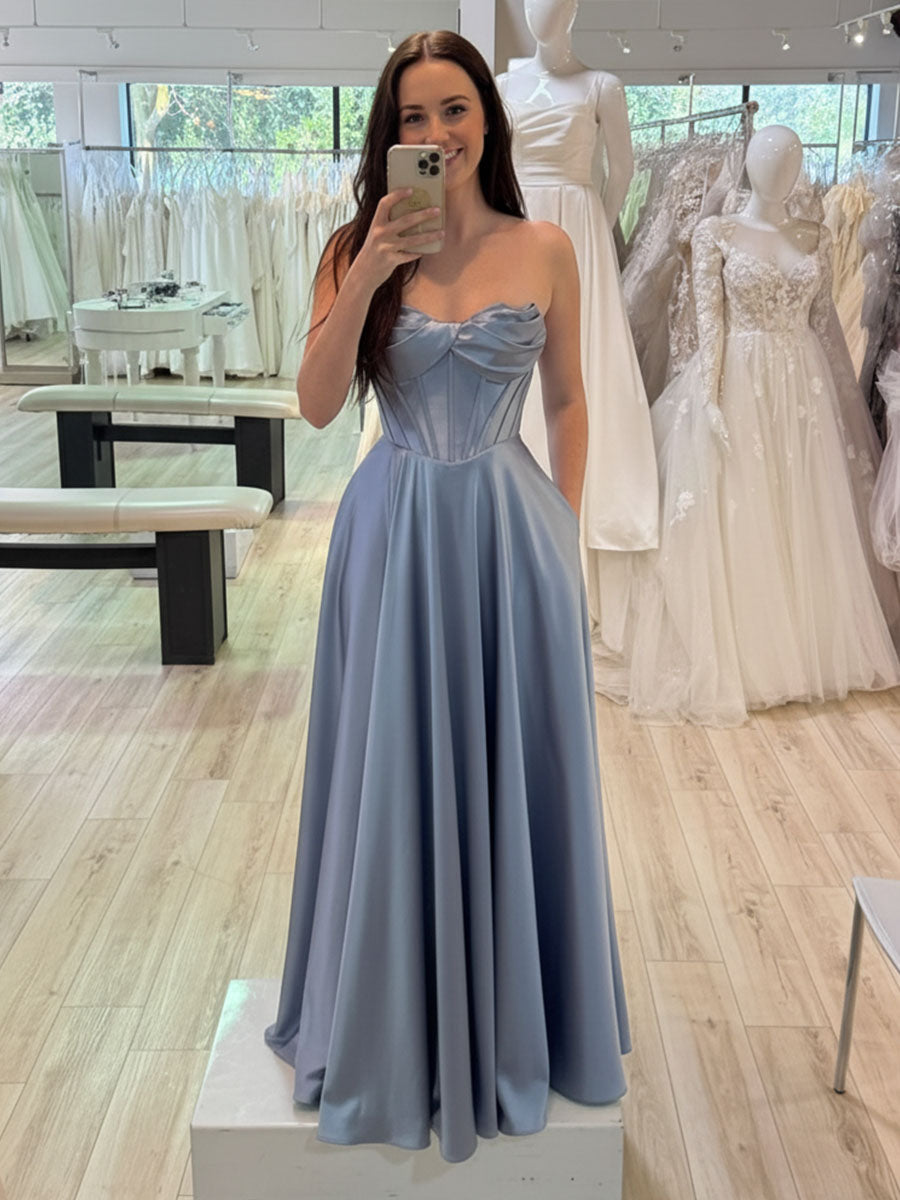 Dusty Blue Strapless Corset Bodice Satin Prom Dress with Slit - FashionDia