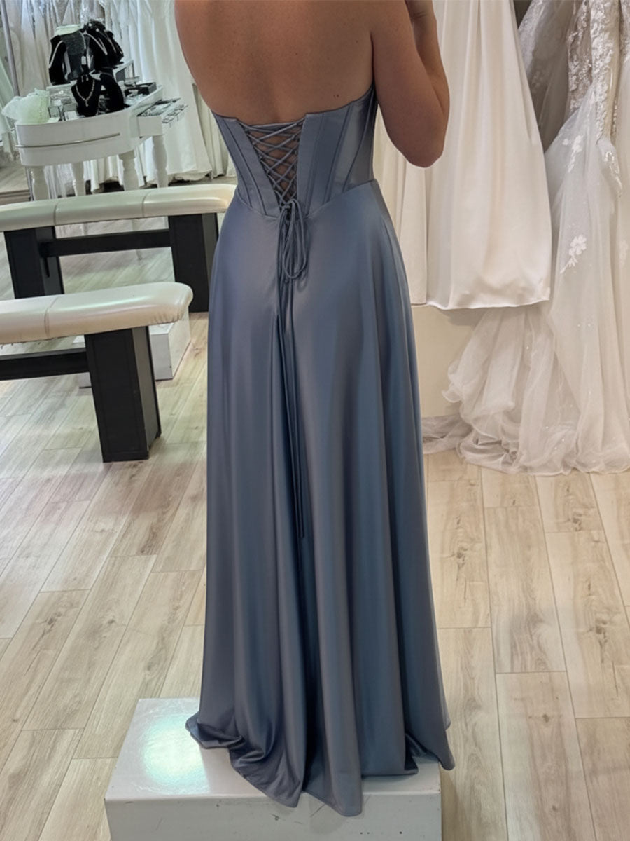 Dusty Blue Strapless Corset Bodice Satin Prom Dress with Slit