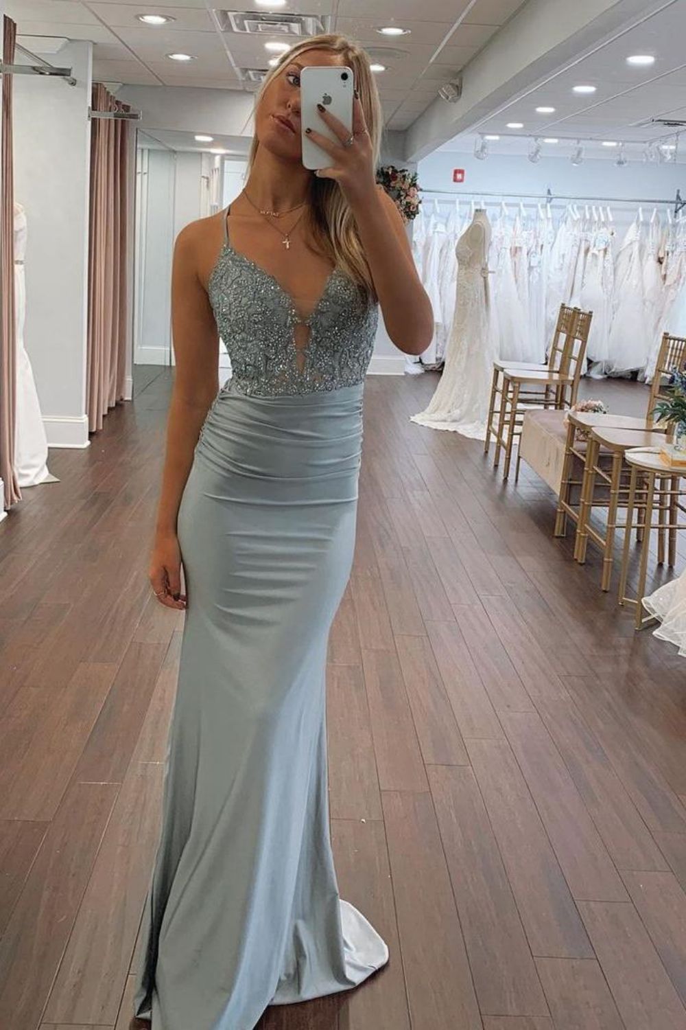 Dusty Green Mermaid Spaghetti Straps Lace Up Long Glitter Prom Dress - FashionDia