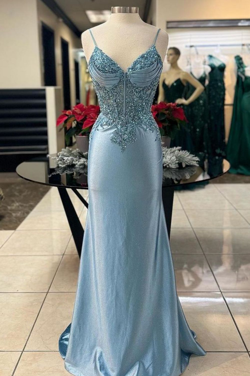 Dusty Green Mermaid Spaghetti Straps Long Prom Dress With Appliques - FashionDia