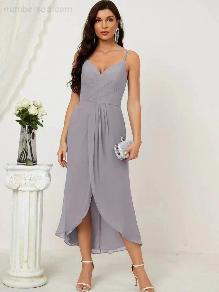 ZapDress Spaghetti Chiffon V Neck Bridesmaid Dress Mid-Length Slit Formal Prom Dress Homecoming Dress 2803 (ZD16952)