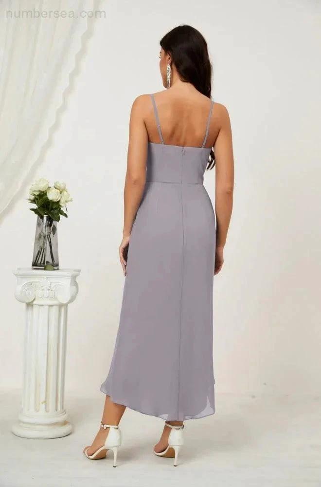 ZapDress Spaghetti Chiffon V Neck Bridesmaid Dress Mid-Length Slit Formal Prom Dress Homecoming Dress 2803 (ZD16952)
