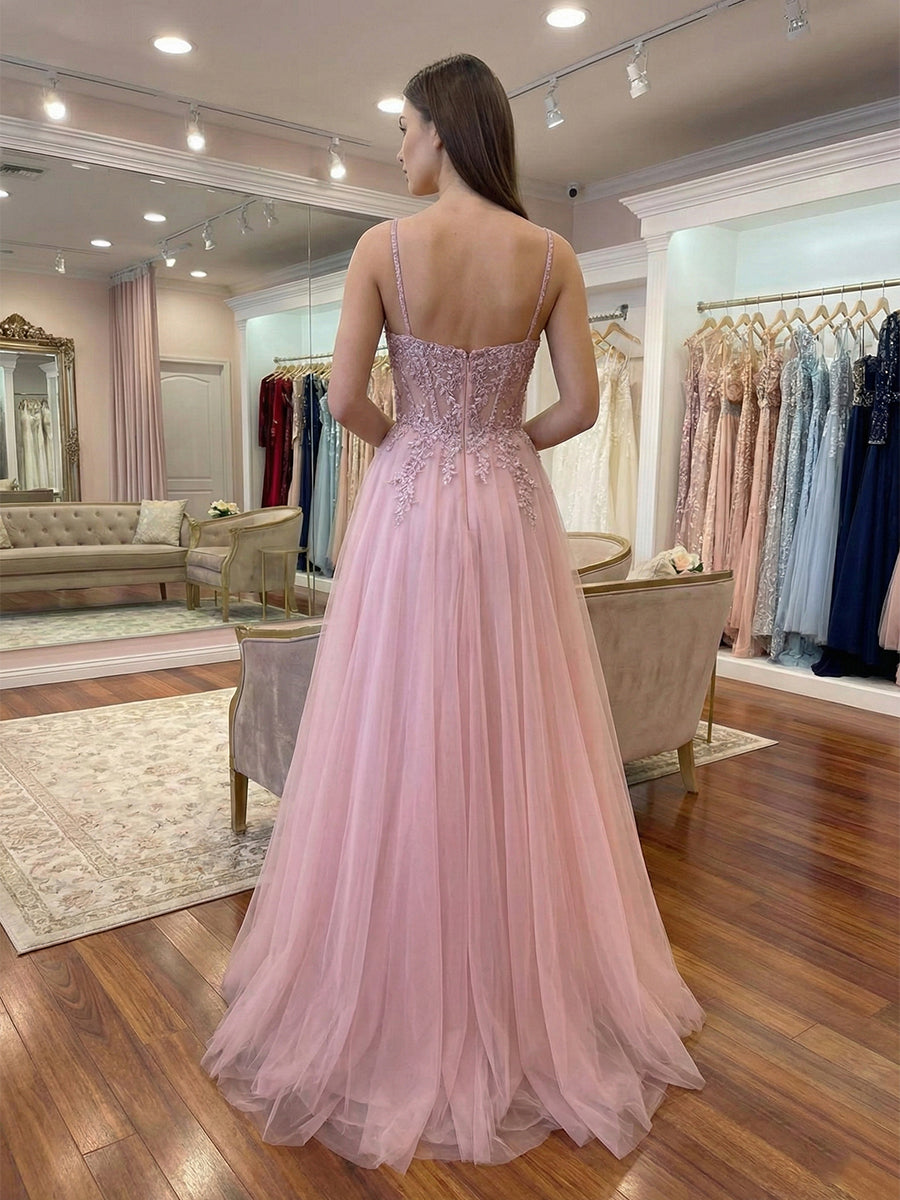 Dusty Pink A Line Lace Applique Tulle Corset Prom Dress