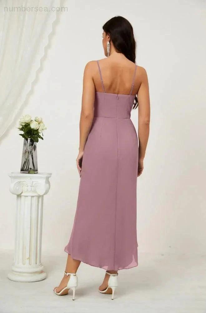 ZapDress Spaghetti Chiffon V Neck Bridesmaid Dress Mid-Length Slit Formal Prom Dress Homecoming Dress 2803 (ZD16952)
