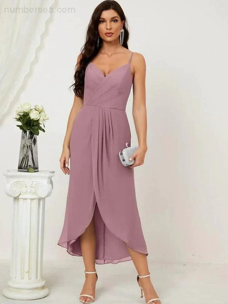 ZapDress Spaghetti Chiffon V Neck Bridesmaid Dress Mid-Length Slit Formal Prom Dress Homecoming Dress 2803 (ZD16952)