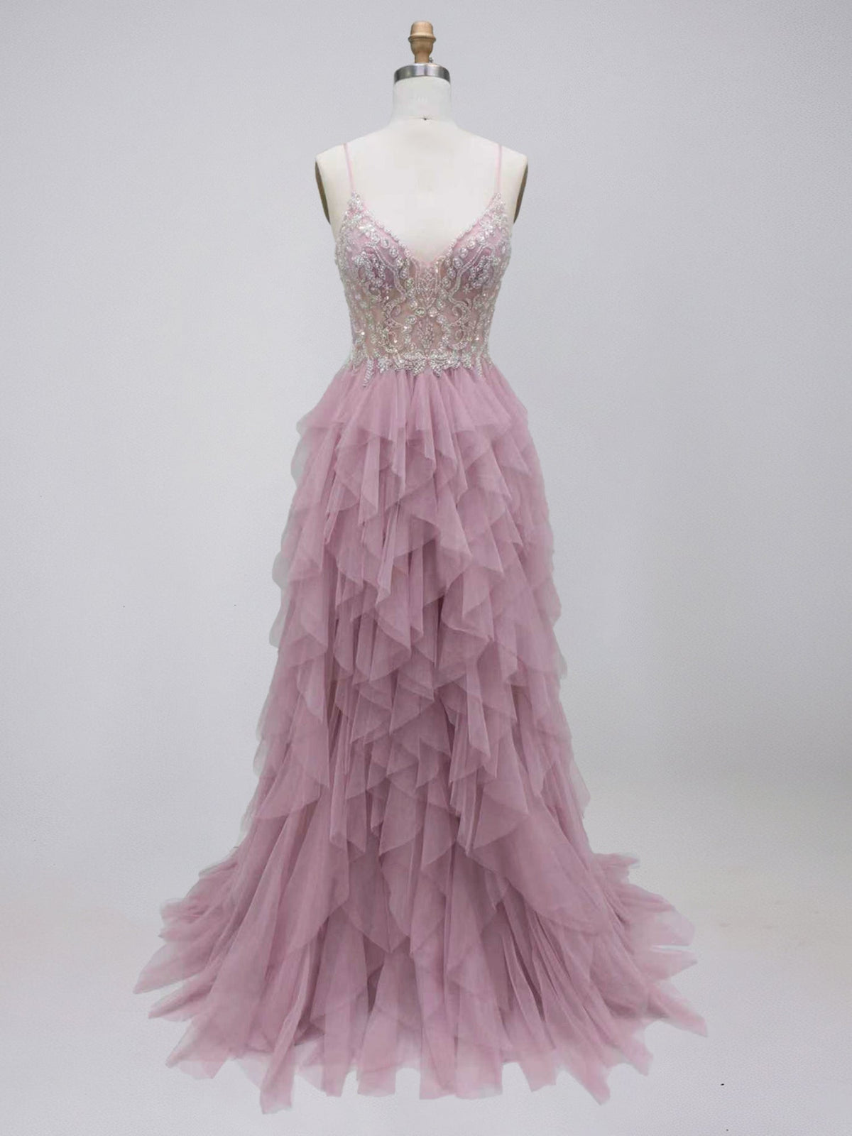 Dusty Rose Tulle A-Line Tiered Ruffles Prom Dress with Beaded Illusion Bodice - FashionDia