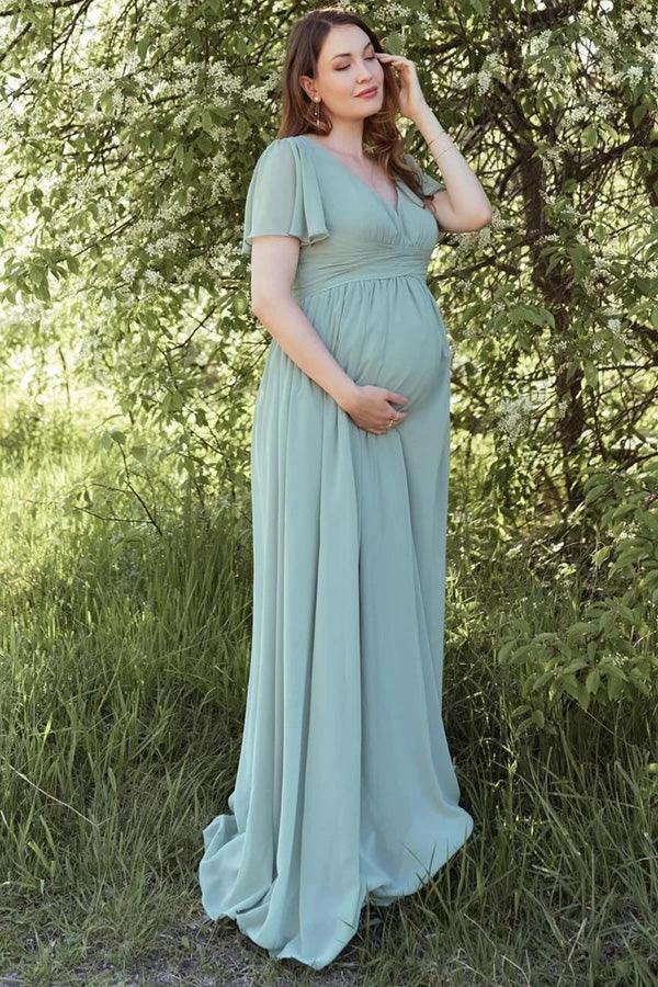 Dusty Sage V-Neck Maternity Bridesmaid Dress with Flared Sleeves (ZD12839)