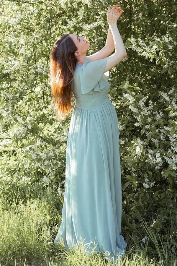 Dusty Sage V-Neck Maternity Bridesmaid Dress with Flared Sleeves (ZD12839)
