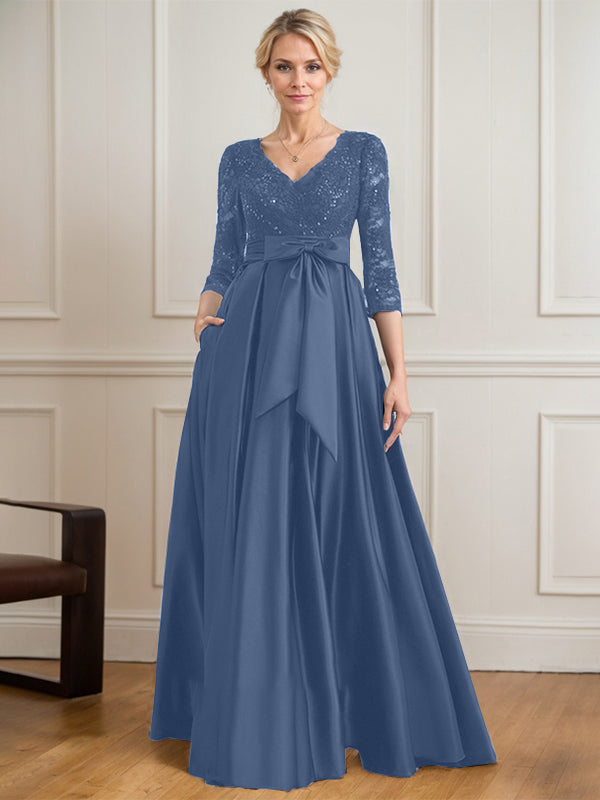 A-line V-Neck Floor-Length Satin Lace Mother of the Bride Dress With Sequins Bow
