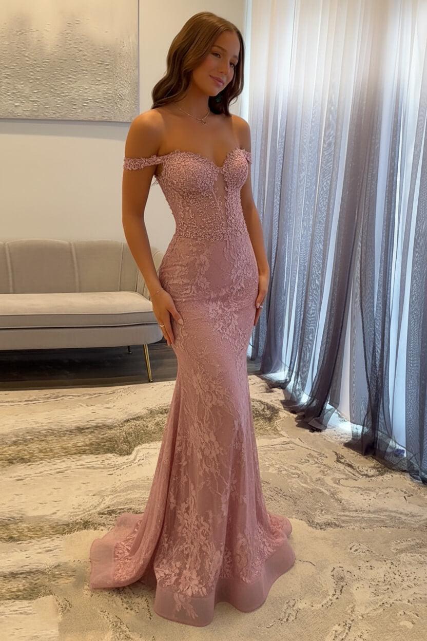 Navy Prom Dress Off The Shoulder Mermaid Long Lace Formal Dress