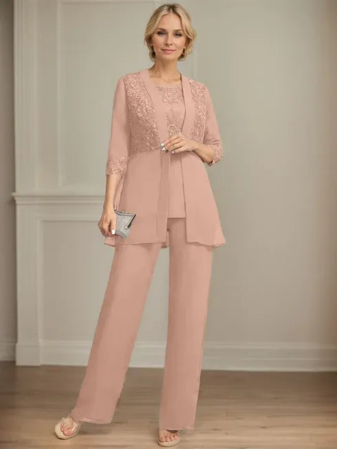 Jumpsuit/Pantsuit Separates Scoop Floor-Length Chiffon Lace Mother of the Bride Dress With Sequins