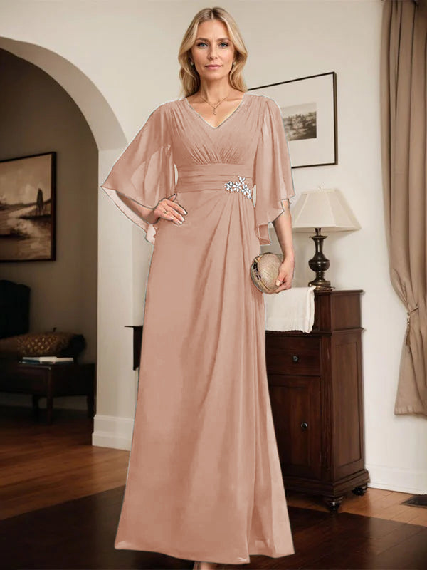 Sheath/Column V-Neck Floor-Length Chiffon Mother of the Bride Dress With Pleated Sequins Beading
