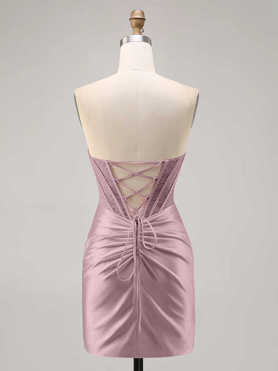 Satin Corset Strapless Ruched Bodycon Homecoming Dress
