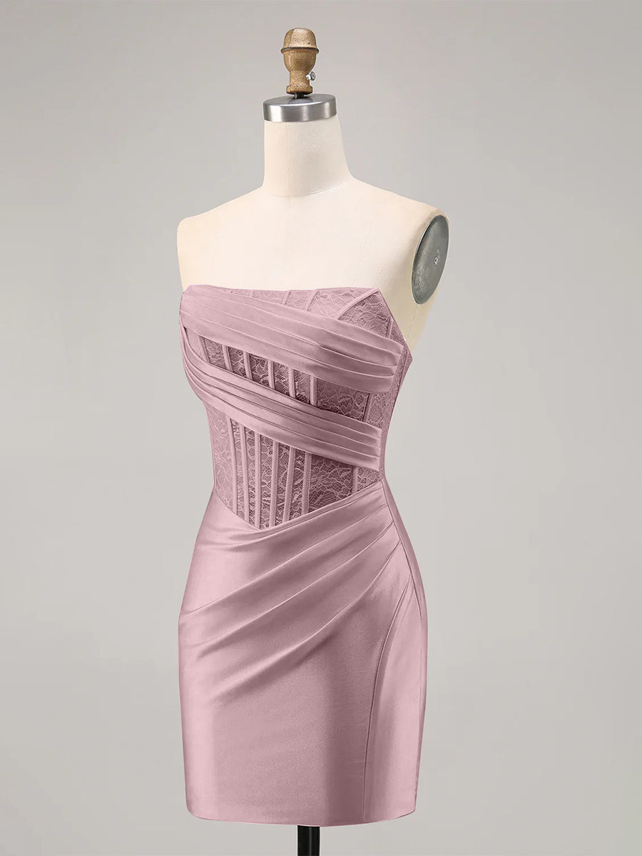 Satin Corset Strapless Ruched Bodycon Homecoming Dress