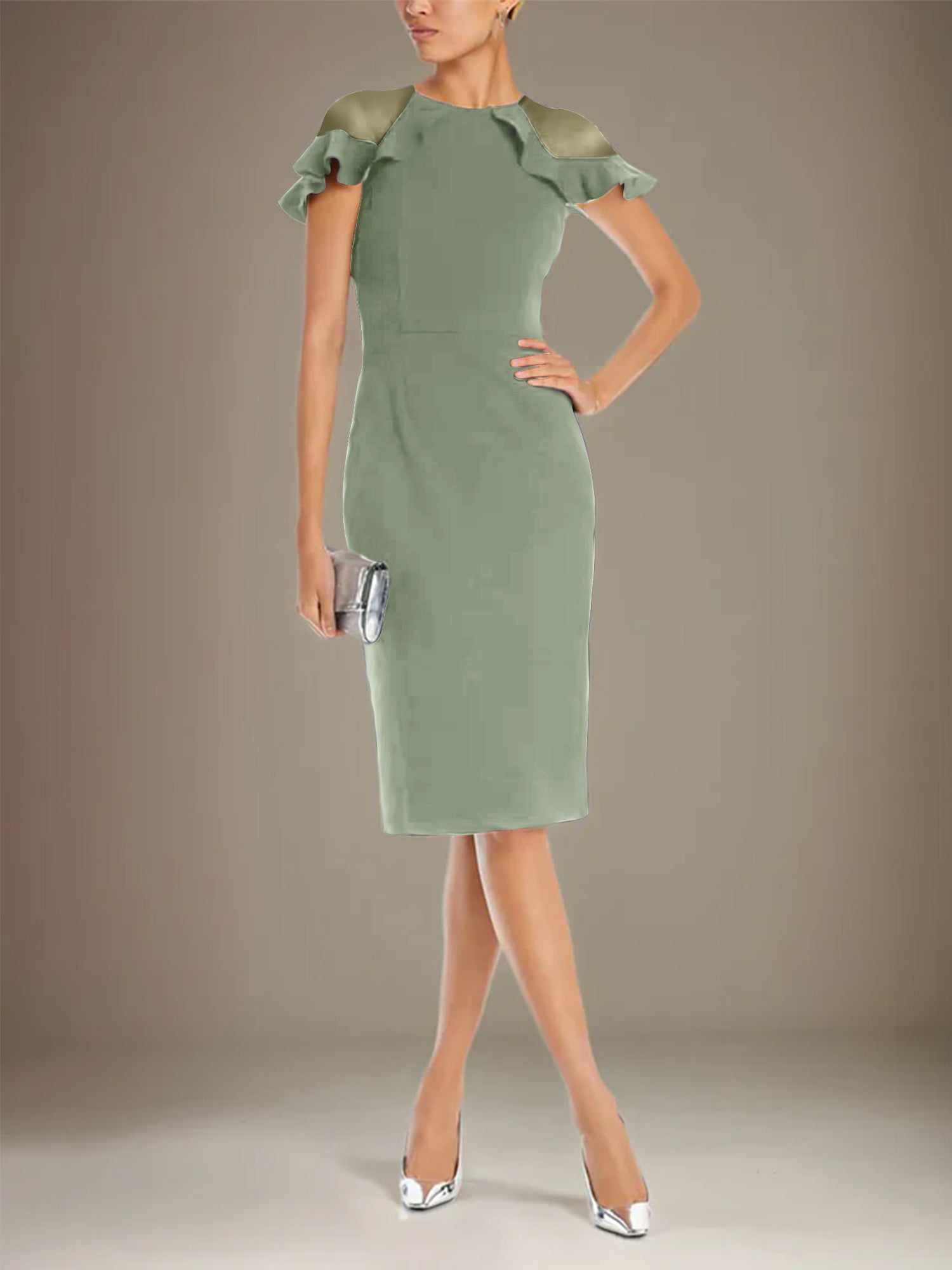 Sheath/Column Stretch Crepe Scoop Short Sleeves Knee Length Dress