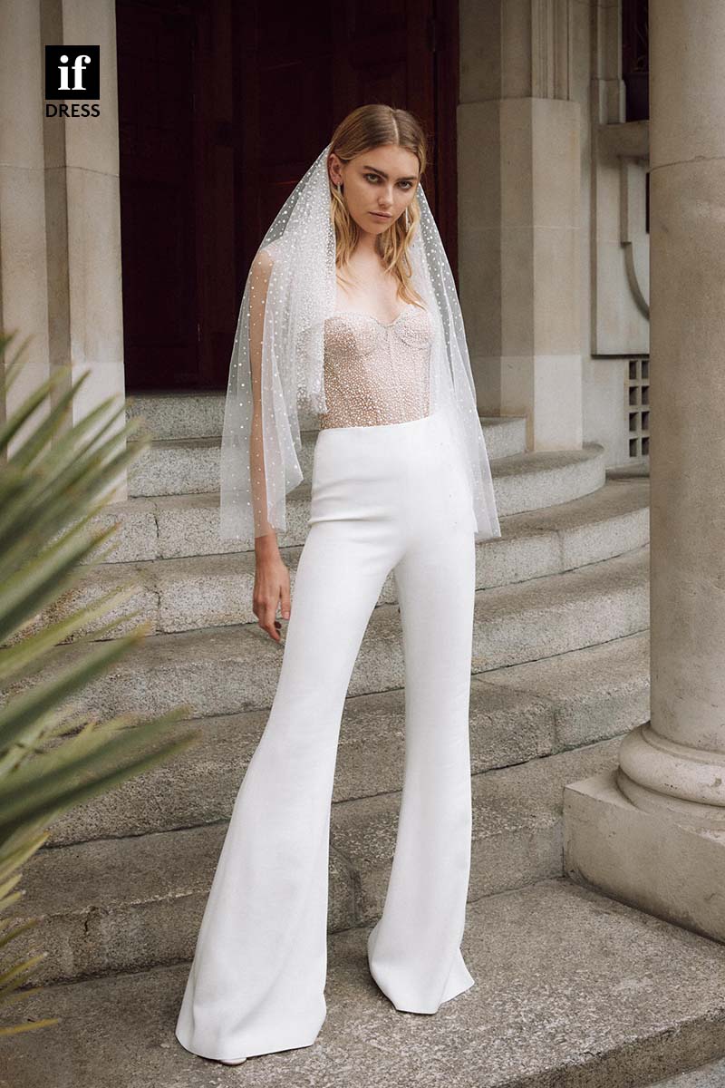 71154 - Uniuqe Off Shoulder Sweetheart Sheath Jumpsuits Boho Wedding Gown