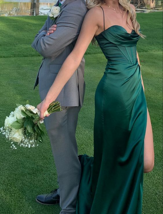 Pretty Mermaid Spaghetti Straps High Slit Prom Dress Dark Green Party Evening Gown