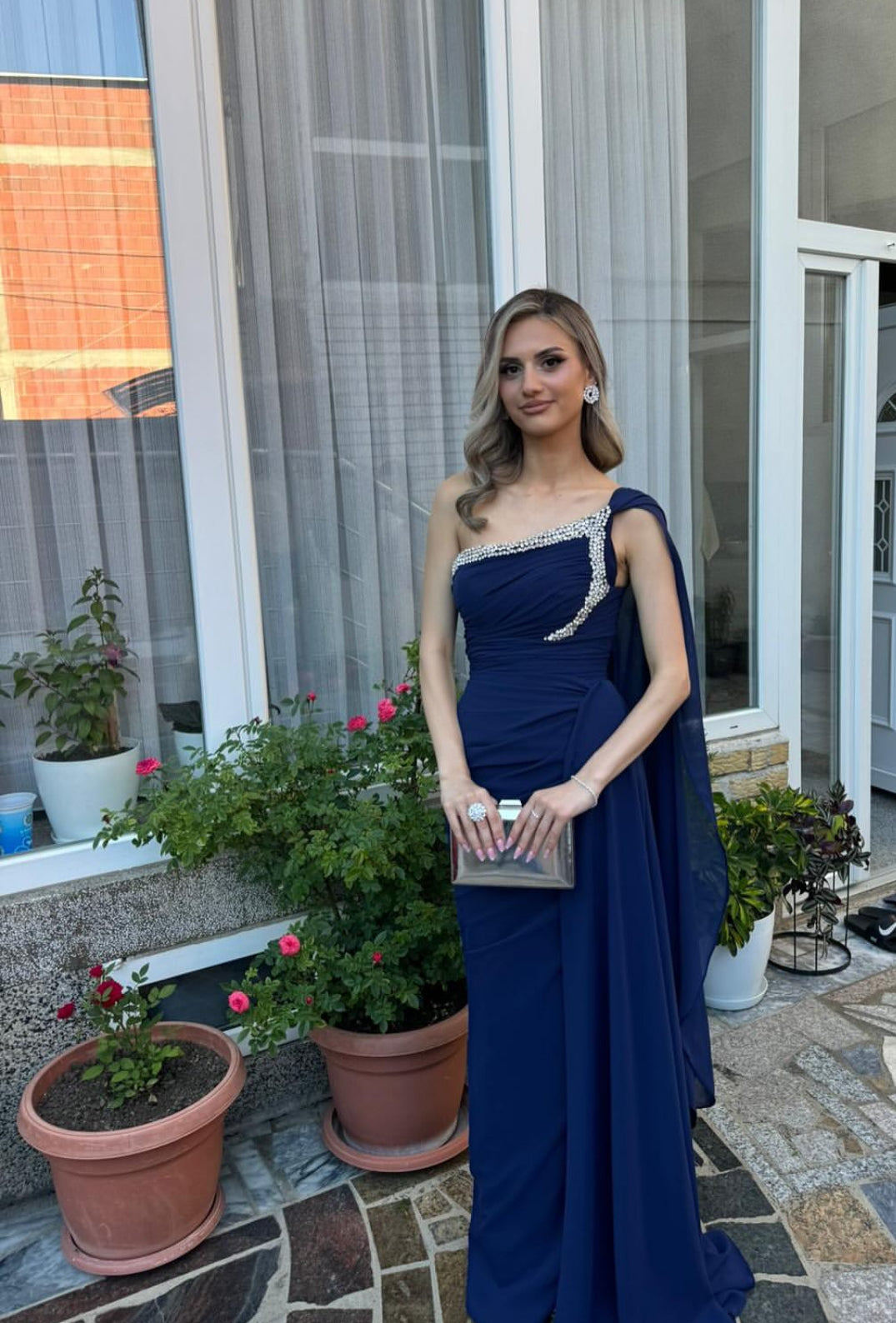 One-Shoulder Navy Blue Wedding Guest Dress Beaded Evening Dress