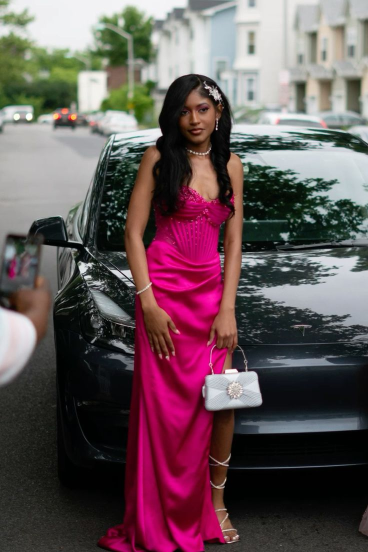 Cute Hot Pink Mermaid Slit Prom Dress Pleated Party Evening Dress