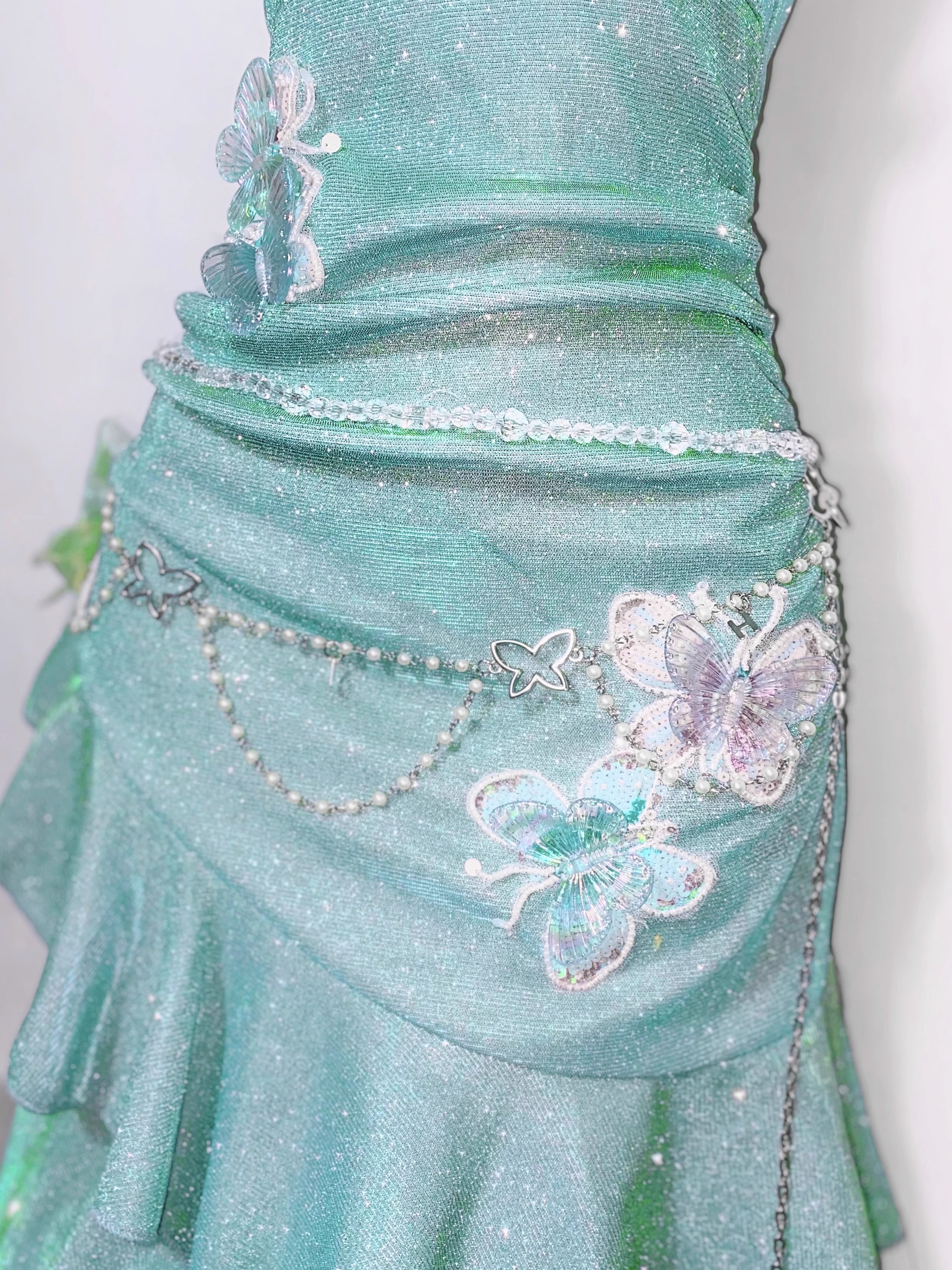 Glitter Mint Green Spaghetti Straps Sequin Ruffles Birthday Outfits Graduation Homecoming Dress S611