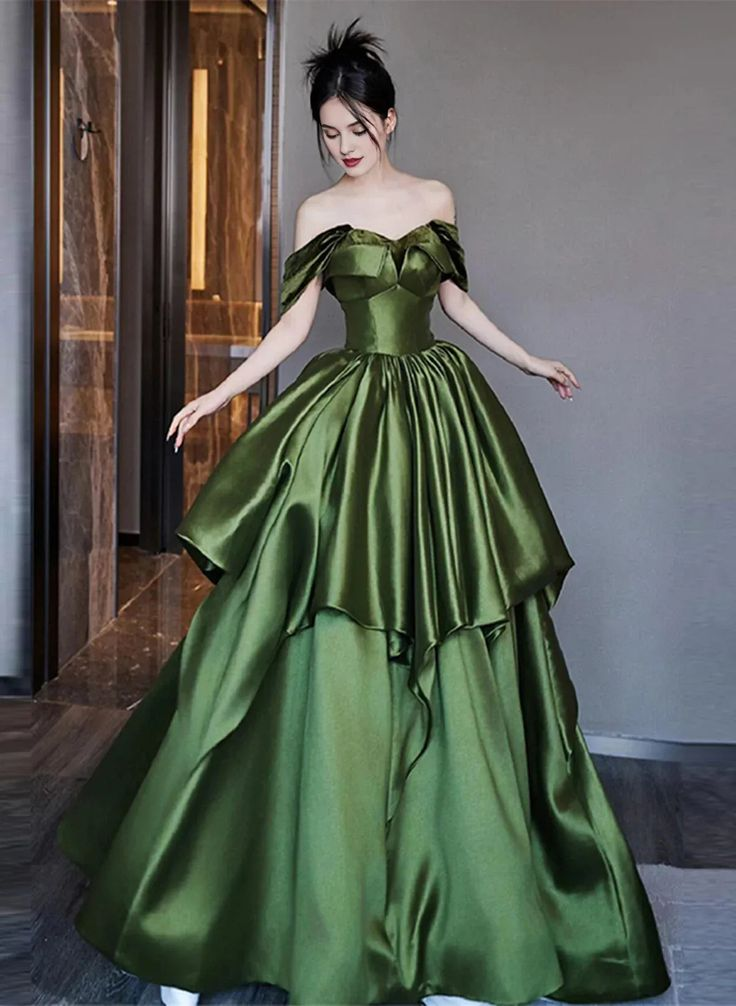 Classy Off The Shoulder Layered Pleated Ball Gown,Green A Line Prom Dress