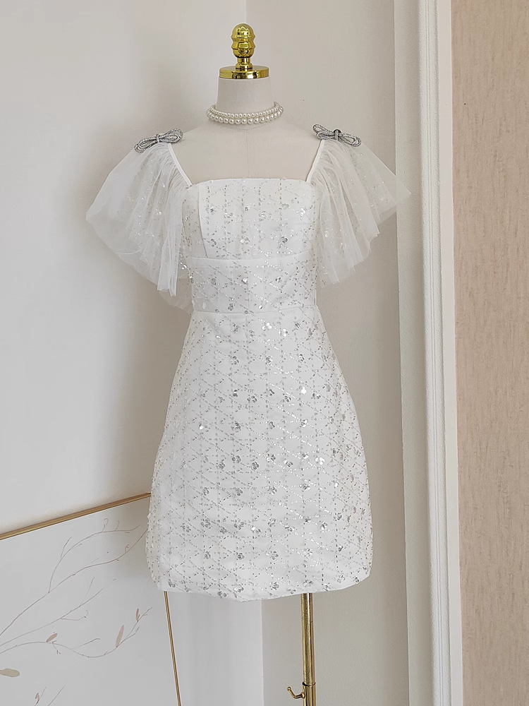Cute A line Square neckline Tulle White Sequin Party Dress Short Birthday Dresses With Beads